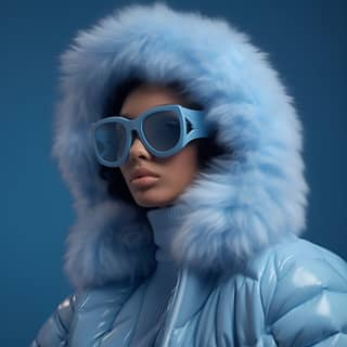 Servizio fotografico di moda con la collaborazione di Jacquemus e Moncler che mostra occhiali da sole in pelliccia traslucida blu neon con dettagli iper-realistici in ultra HD 8k e illuminazione cinematografica.