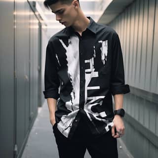 https://s mj run/68eb6rnbvqY wearing a black shirt with "w" printed on it black and white printed shirt avaca punk two tone