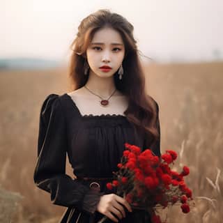 Una chica en un vestido negro parada en un campo, sosteniendo un ramo de flores.