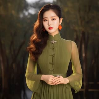 Çinli bir kadın, iç mekanda parlak renklere sahip yeni bir yüksek kaliteli Çin tarzı yün kaşmir elbise giyen Liu Yifei'ye benzeyen bir elbise giyer.