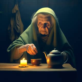 https://s mj run/OLx1G07YJHU https://s mj run/tUuEfmrYKQM, an elderly woman in a green cloak is holding a tea pot