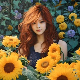 Ciel clair, grand jardin de tournesols, jeune fille chinoise blanche de 18 ans aux longs cheveux, rêveuse haute couleur éclatante, prise de vue Fujifilm XT4, détail super