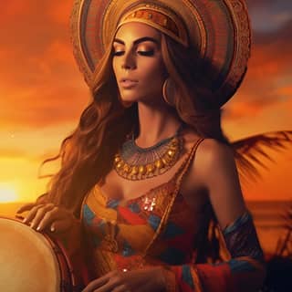 Une femme jouant des cymbales à l'extérieur au coucher du soleil avec un hang drum dans le style de tableaux psychédéliques avec des motifs africains et un regard captivant.