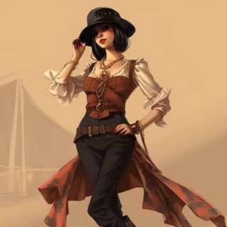 illustration of a 1920s flapper outfit incorporating pirate imagery, in a hat and boots standing in front of a tent