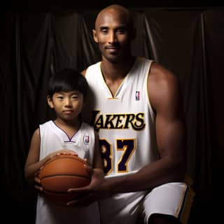 kobe bryant holding a six-year-old Asian boy with black hair basketball portrait photography realistic photos highest