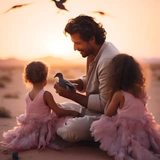 Homem brincando com menininhas em trajes tradicionais no deserto ao pôr do sol.