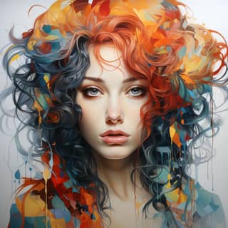以Tanya Shatseva和Serge Marshennikov的风格创作的五颜六色的女性面孔，拼图般的碎片和鲜艳的颜色。