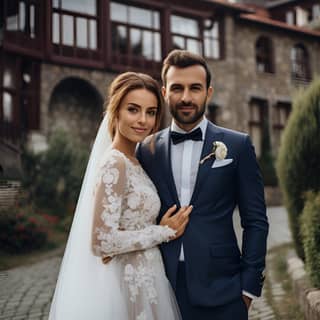 wedding in Tbilisi for Filippino, a newly married couple posing for a photo in front of a castle