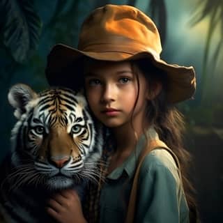 9 to 10 years old fair skin Indian girl front facing portrait with hat admiring the tiger cub's beauty showcasing his awe