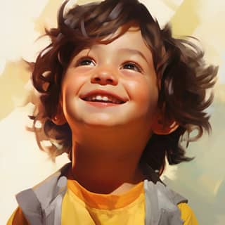 The child smiling brightly, a little boy with curly hair