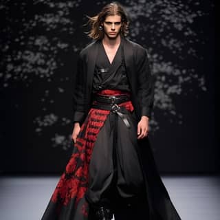 Top model male 20 yo Fashion show inspired in The last samurai red armor and a traditional black hakama high heels boots