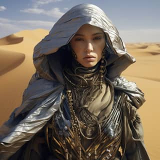 Editorial seluruh tubuh menampilkan tampilan cyberpunk futuristik di gurun Sahara, ditangkap oleh Steven Meisel dengan pencahayaan studio sinematik.