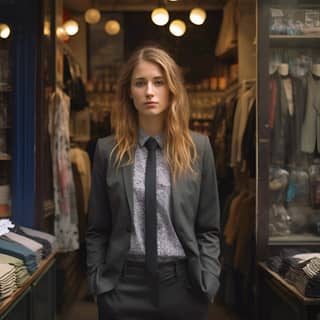 highly detailed photo woman wearing coat shirt and tie standing in front of a shop