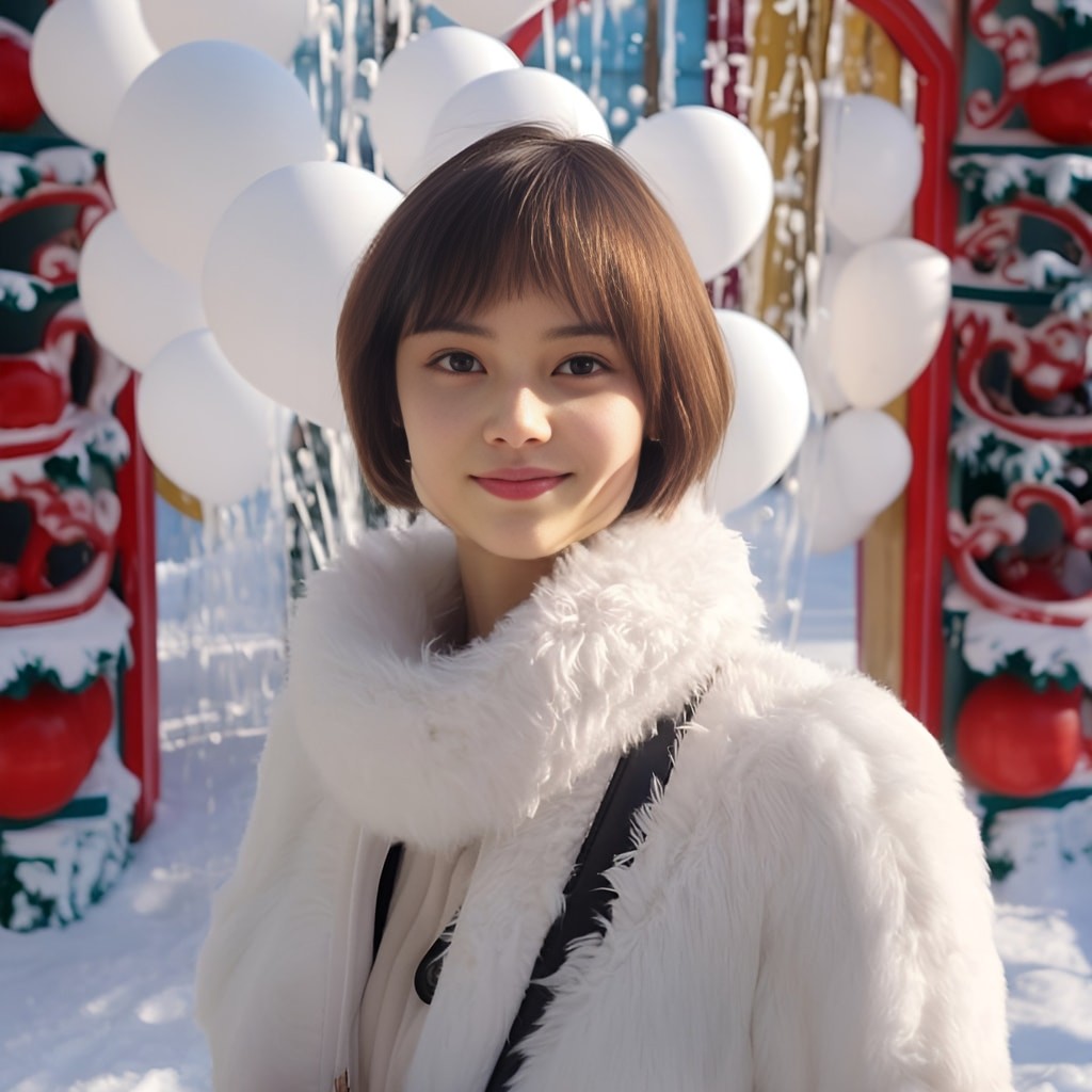 Eine schöne 35-jährige Frau in einem Schneemannkostüm mit sehr kurzem dunklem Haar in einem Vergnügungspark in der Ukraine für ein Neujahrs-Fotoshooting