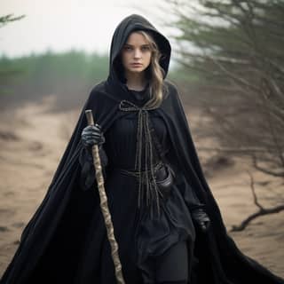 Uma mulher de 20 anos, com uma aparência de fada, usando um manto preto medieval com capuz.