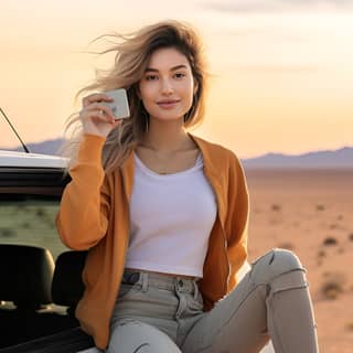 Una bellissima donna seduta sul tetto di un'auto nel deserto mentre fa una foto con il suo iPhone.