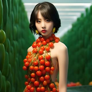 Ein chinesisches Mädchen lehnt sich an ein Auto, trägt ein Kleid aus Tomaten und auffälligen Harzschmuck in einer Autorausstellung.