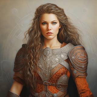 Una impresionante imagen de una princesa vikinga de 21 años adornada con armadura de cuero intrincadamente decorada, sosteniendo un escudo y una espada en una pose dramática.