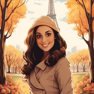https://s mj run/ouPj8T0dk1c cartoon drawing of her standing in the fall season with the Eiffel tower behind her drawing