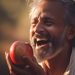 https://s mj run/qkMaql_QZrk - biting a small apple by his teeth happy outood scene photography