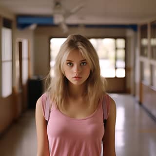 Remaja yang cantik dan polos dari film Mean Girls dengan rambut pirang lurus, bibir besar, dan mata rusa, mengenakan rok pendek dan ekspresi bosan.