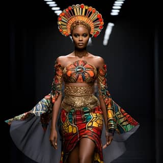 a model wearing an african haute couture dress, african fashion week at the nyc fashion week