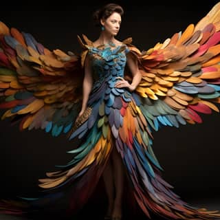 Une femme dans un costume d'oiseau multicolore.