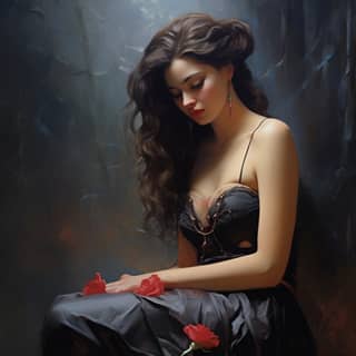 A person deep in thought about romance, woman in a black dress with red roses