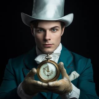 portrait in white gloves holding up a silver pocket watch in the style of gold and aquamarine documentarian