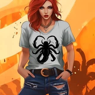 scorpion tail, with red hair and a scorpion on her shirt
