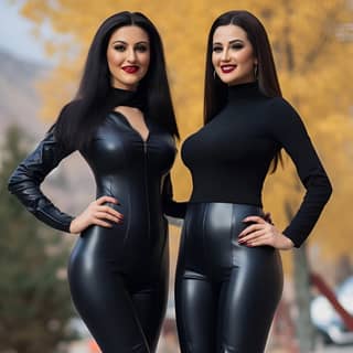two Macedonian women They wear a black matte latex bodysuit very high boots They have medium-length black hair and wide hips