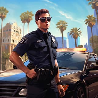 young cop sunglasses crossing his arms city backround cop car nearby in the style of grand theft auto 5 artwork 2