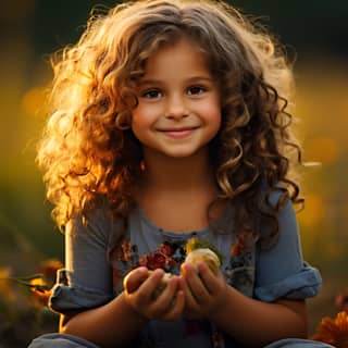 فتاة تبلغ من العمر 4 سنوات تحمل فراشة رقيقة على حقل عشبي محاط بالزهور البرية والأشجار تحت سماء مشمسة.