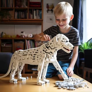 a 5-year-old blonde boy building a LEGO set of a lifesize dalmatian dog