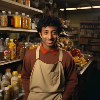 Apu the character of the tv series "the simpsons" as a assistant in a convenience store