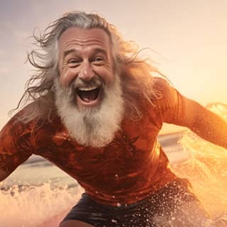 Happy fit senior having fun surfing at sunset time - Sporty bearded man training with surfboard on the beach photorealistic 2