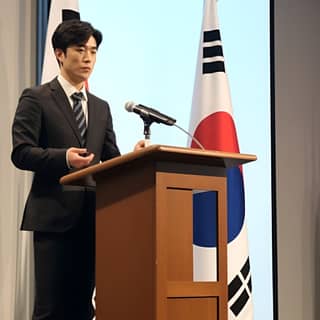 A Korean representative introducing at international conferences or forums, in a suit and tie standing at a podium