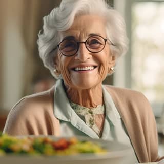 Una donna anziana in una casa di riposo si gode felicemente un pranzo salutare mostrando uno stile di vita di benessere e contentezza.