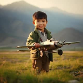 Ein junger kirgisischer Junge spielt mit einem Spielzeugflugzeug und träumt davon, Pilot in einer magischen Atmosphäre zu sein.