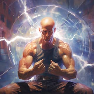 Young rugged jacked bald man working with an energy field around him