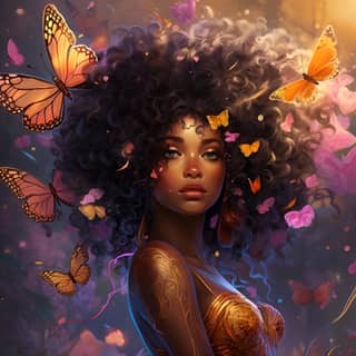 Uma mulher negra com cabelos cacheados grandes usando uma máscara de baile e asas grandes em pé ao lado de uma árvore mágica em um conto de fadas com borboletas e vaga-lumes ao redor, com uma aura de lavanda, rosa, amarela e laranja.