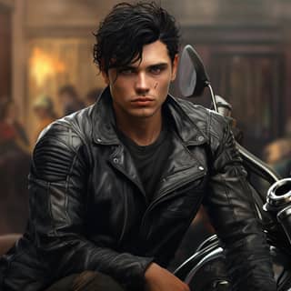 blue eyes short black hair In a biker outfit, in leather jacket sitting on a motorcycle