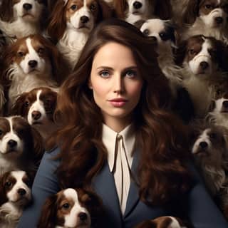 Eine brünette Frau mit 1000 Cavaliers Kings Charles Filmplakatwerbung.