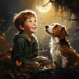 Illustrazione di un Jack Russel Terrier marrone e bianco a pelo corto con le orecchie dritte che scodinzola e un bambino di sei anni che gioca in un bosco.