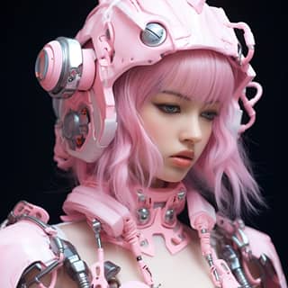 cyber girl pink style 2, a robot girl with pink hair and a helmet