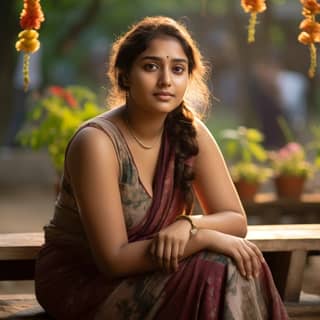 equipped with an 85mm lens at F 1 2 aperture setting portraying dusky indian chubby faced woman sitting on a wooden bench in