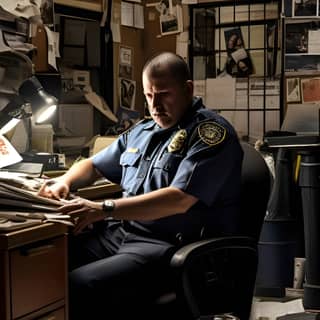 A gritty urban police precinct an accused individual in a worn-out chair surrounded by detectives evidence boards and