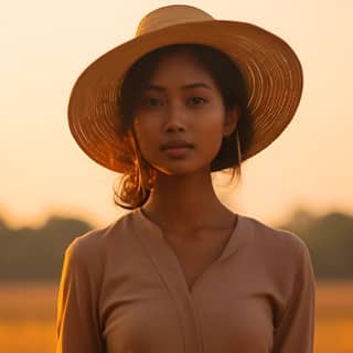 half cambodian half chinese 21 years old woman Golden Hour Glow: Capture her standing in an open field during the golden