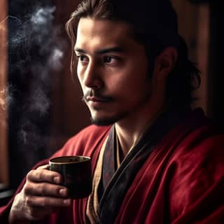 handsome man that is a samurai in 1800s japan sitting in the porch of his house in a samurai sitting position drinking tea