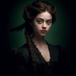 Kaya Scodelario, 19 ans, belle avec des cheveux bruns, yeux verts, portant une robe noire épique avec une broche en forme de Harpie.